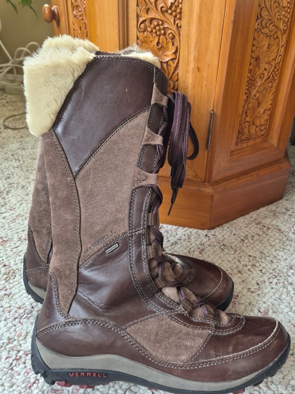 Merrell Women's Brown Lace-Up Fur-Trim Waterproof Winter Boots 9US
